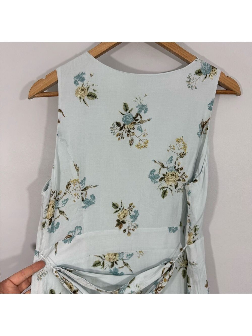 Cleo Petites Blue Floral Midi Dress 14P Wrap Style Sleeveless Ruffle Hem Garden - Picture 10 of 15